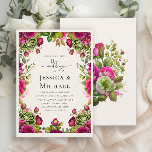 Romantic Pink Green Watercolor Floral Wedding Invitation
