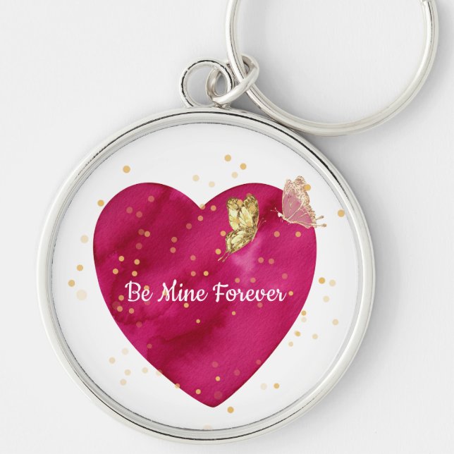 Romantic Pink Heart & Gold Butterfly  Key Ring (Front)