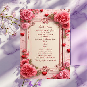 Romantic Pink Heart Motifs Valentine Party Floral  Invitation