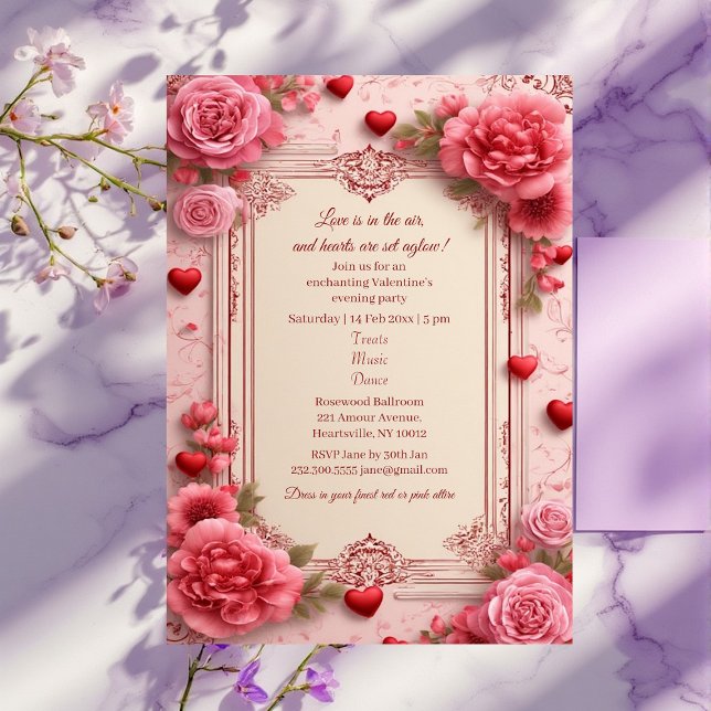 Romantic Pink Heart Motifs Valentine Party Floral  Invitation (Romantic Pink Heart Motifs Valentine Party Floral Invitation)