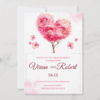 Romantic Pink Heart Tree Watercolor Wedding Invita Invitation