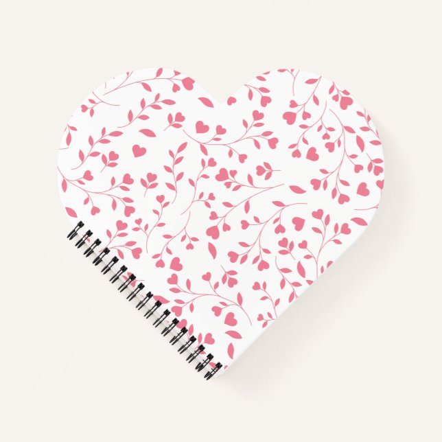 Romantic Pink Heart Vines White Pattern Notebook (Front)