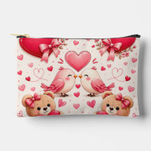 Romantic Pink Hearts and Birds Makeup Bag