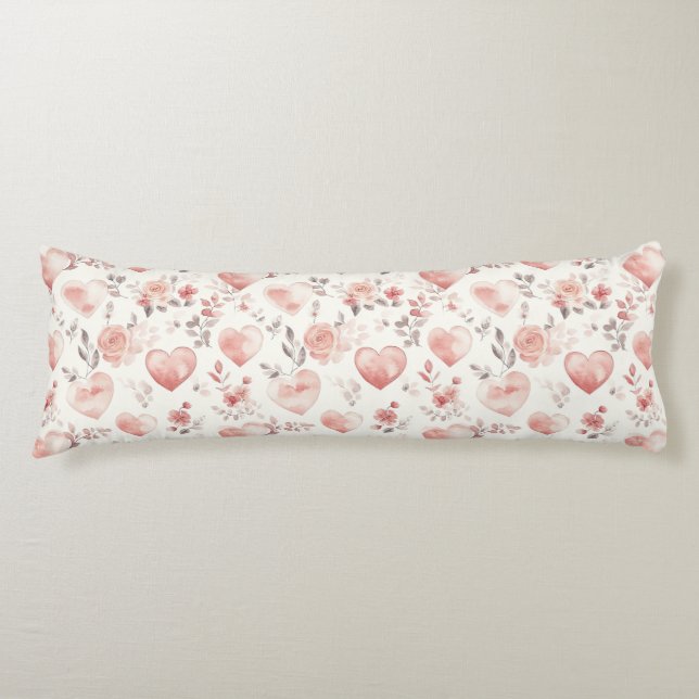 Romantic Pink Hearts Roses Floral Body Cushion (Front)