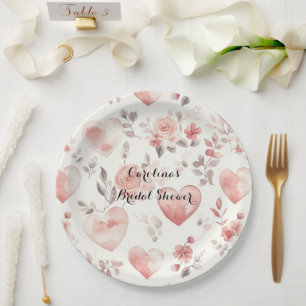 Romantic Pink Hearts Roses Floral Bridal Shower Paper Plate