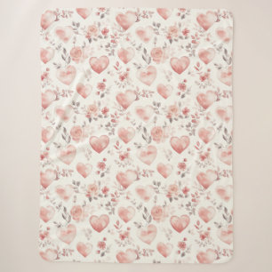 Romantic Pink Hearts Roses Floral Sherpa Blanket