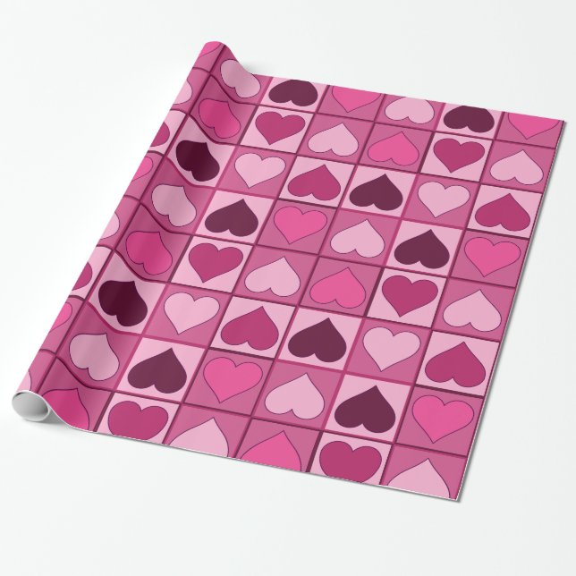 Romantic Pink Hearts Up and Down Wrapping Paper (Unrolled)