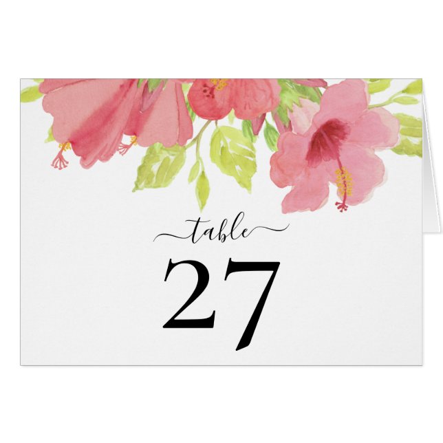 Romantic Pink Hibiscus Blooms Wedding Table Number (Front Horizontal)