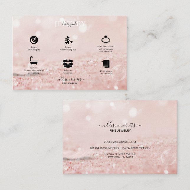 Romantic pink light effect glitter Jewellery Care  Business Card (Front/Back)