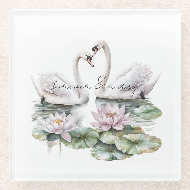Romantic Pink Lotus Floral Swans Wedding Glass Coaster (Front)