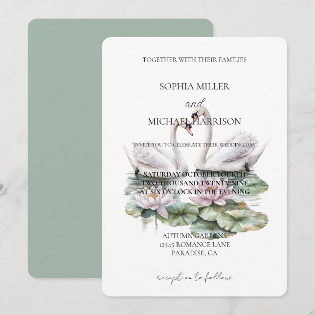 Romantic Pink Lotus Floral Swans Wedding Invitation (Front/Back)