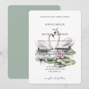 Romantic Pink Lotus Floral Swans Wedding Invitation