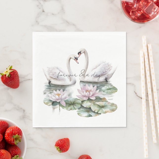 Romantic Pink Lotus Floral Swans Wedding Napkin (Insitu)