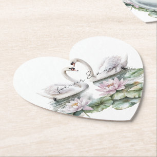 Romantic Pink Lotus Floral Swans Wedding Paper Coaster