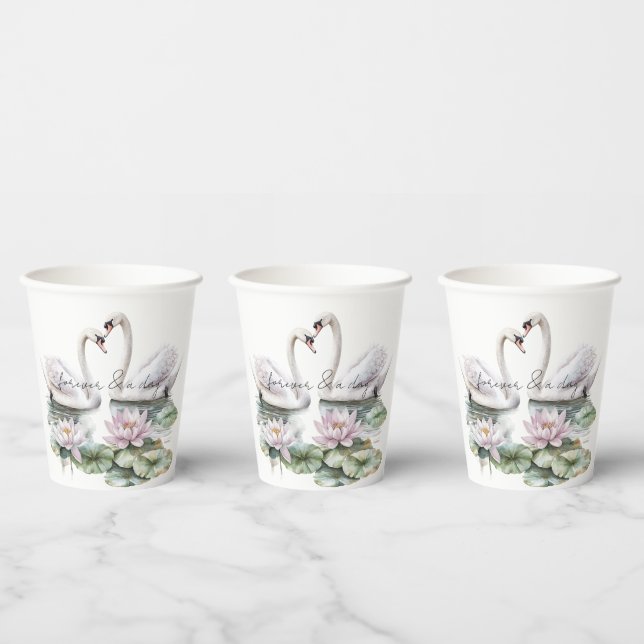 Romantic Pink Lotus Floral Swans Wedding Paper Cups (Multi)