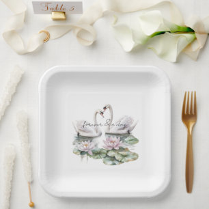 Romantic Pink Lotus Floral Swans Wedding Paper Plate