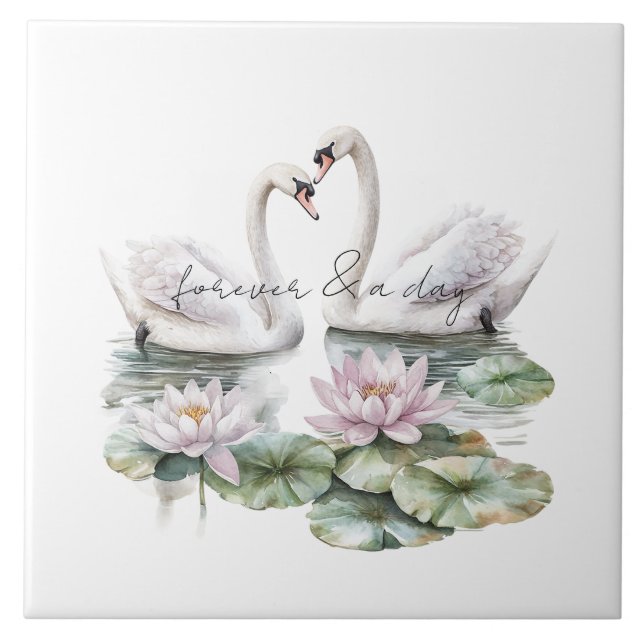 Romantic Pink Lotus Floral Swans Wedding Tile (Front)