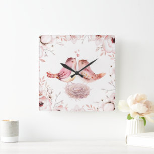 Romantic Pink Lovebirds Watercolor Floral Design Square Wall Clock