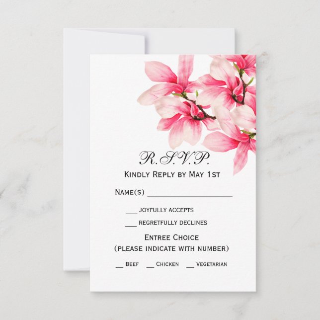 Romantic Pink Magnolia Floral Wedding RSVP (Front)