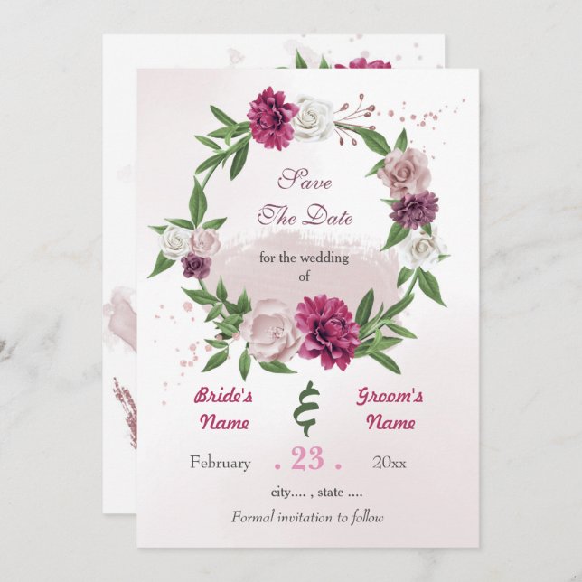 Romantic pink mauve burgundy floral wreath save the date (Front/Back)