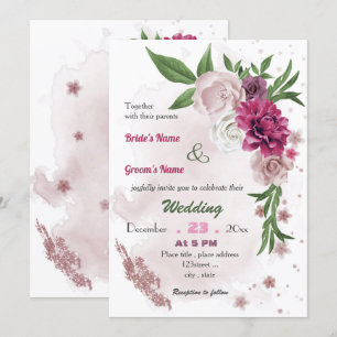 romantic pink mauve floral wedding  invitation