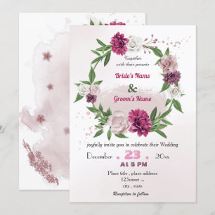 romantic pink mauve floral wreath wedding invitation