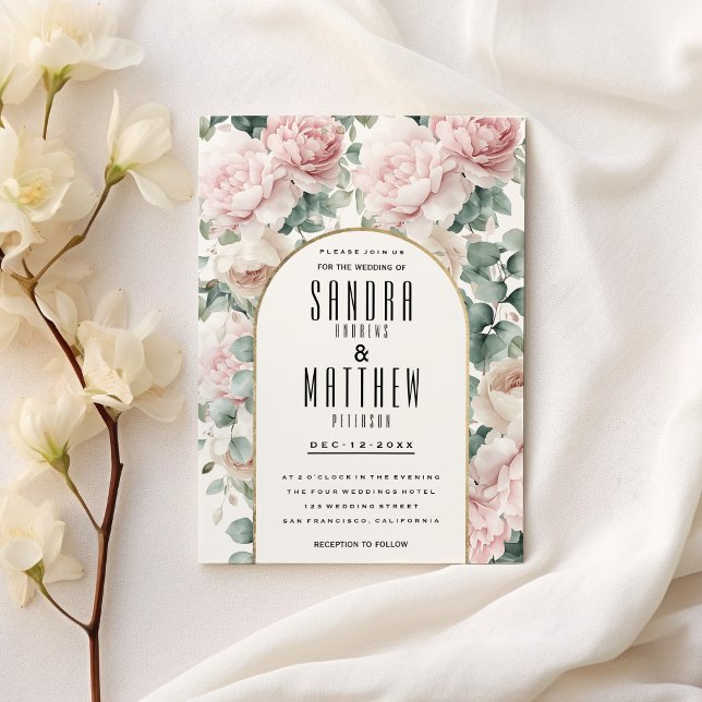 Romantic pink mint peony eucalyptus floral Wedding Invitation (Romantic pink mint peony eucalyptus floral Wedding)