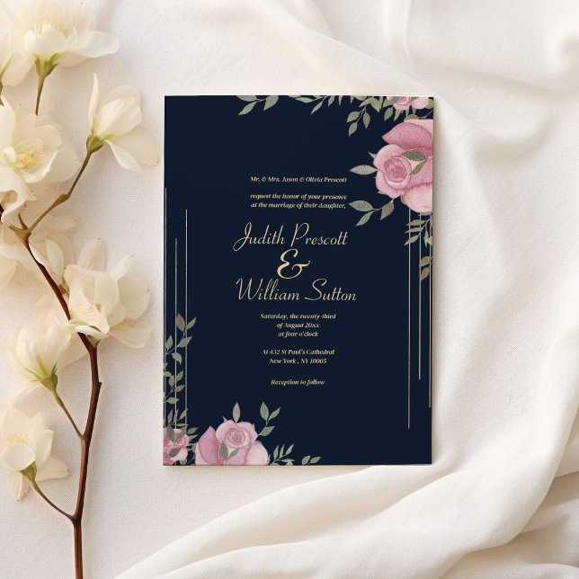 Romantic pink navy blue gold floral wedding  invitation (Romantic pink navy blue gold floral wedding)
