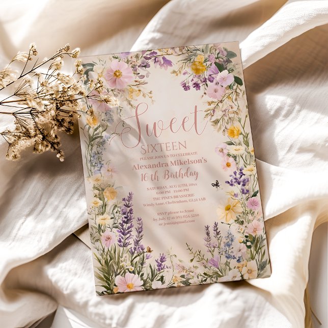 Romantic Pink Pastel Wildflowers Sweet 16 Invitati Invitation (Creator Uploaded)