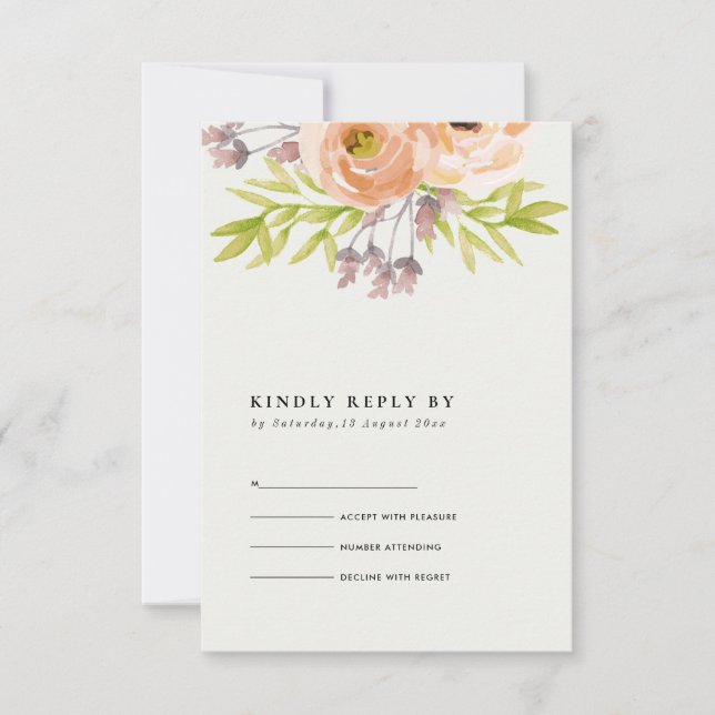 ROMANTIC PINK PEACH BLUSH OFF WHITE FLORAL RSVP CARD (Front)