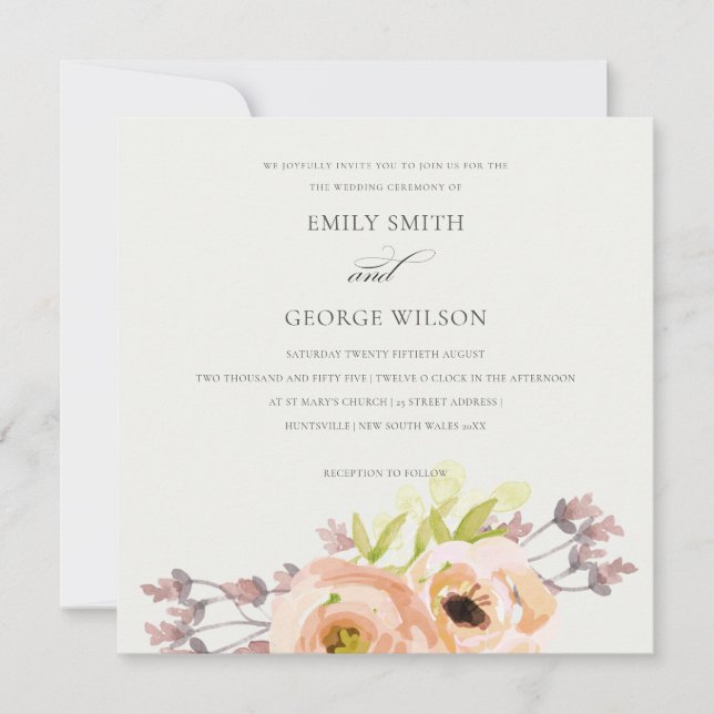ROMANTIC PINK PEACH BLUSH OFF WHITE FLORAL WEDDING INVITATION (Front)