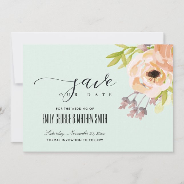 ROMANTIC PINK PEACH BLUSH PURPLE SKY BLUE FLORAL SAVE THE DATE (Front)