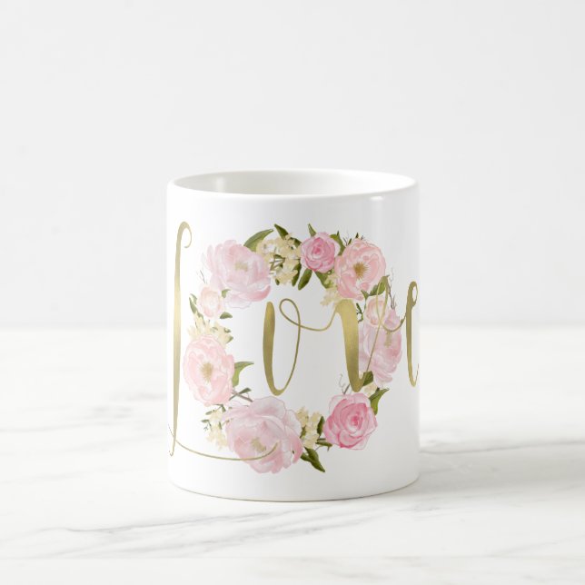 Romantic Pink Peonies Floral Gold Love Coffee Mug (Center)
