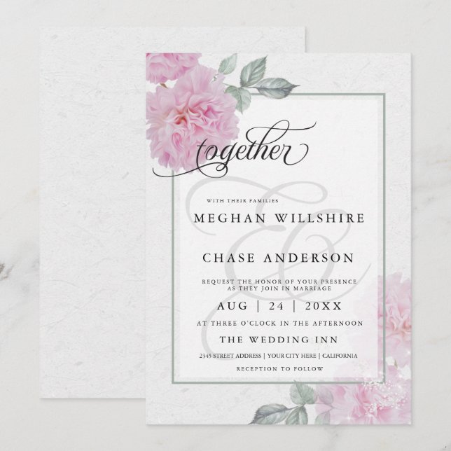 Romantic Pink Peonies Rice Paper BarefootBride™ Invitation (Front/Back)