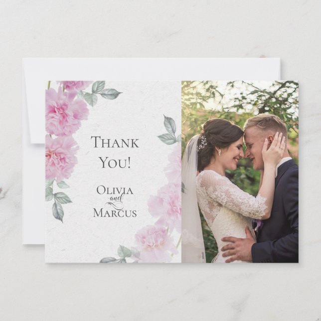Romantic Pink Peonies Rice Paper BarefootBride™ Thank You Card (Front)
