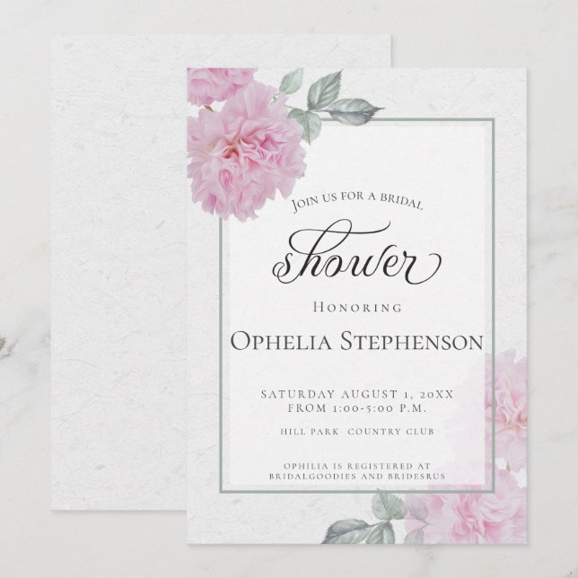 Romantic Pink Peonies Rice Paper  Bridal Shower Invitation (Front/Back)