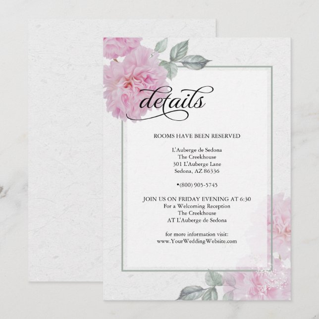 Romantic Pink Peonies Rice Paper Wedding Details Invitation (Front/Back)