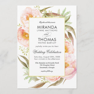 Romantic Pink Peonies Watercolor Floral Wedding Invitation