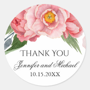 Romantic Pink Peonies Wedding Thank You Classic Round Sticker