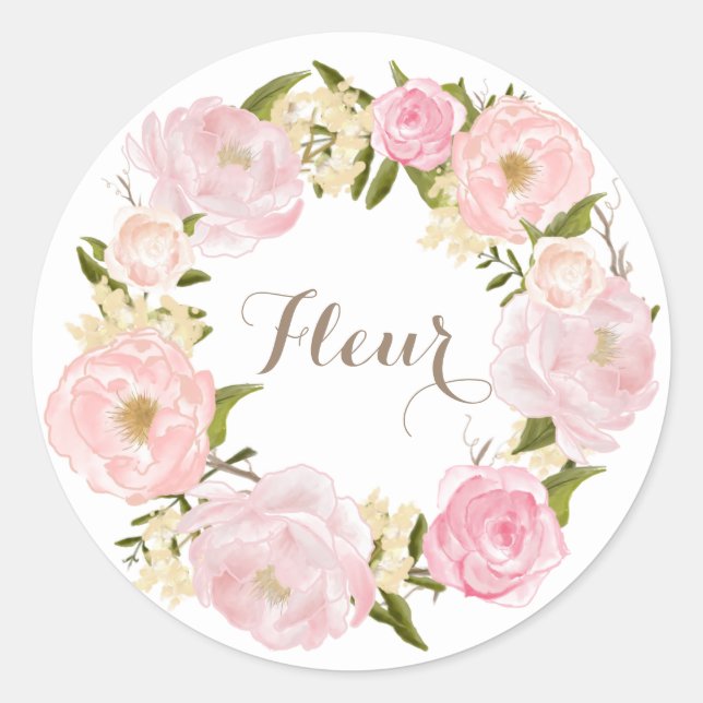 Romantic Pink Peonies Wreath Personalised Classic Round Sticker (Front)