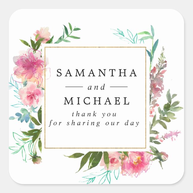 Romantic Pink Peony Floral DIY Wedding Thank You Square Sticker (Front)