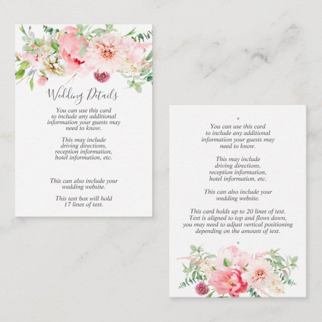 Romantic Pink Peony Floral Wedding Details Enclosure Card (Front/Back)