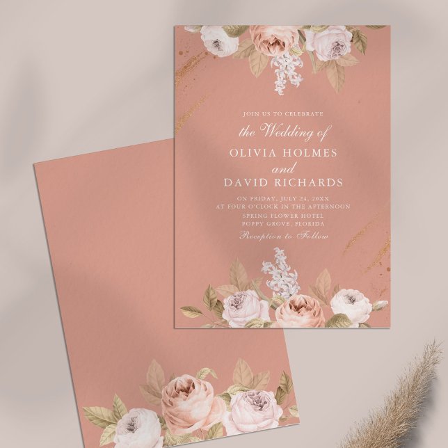 Romantic Pink Peony Wedding Invitation (Romantic Pink Peony Wedding Invitation on a table)