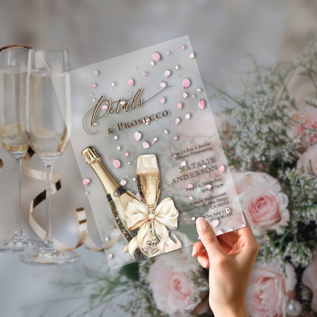 Romantic Pink Petals Prosecco Bow Bridal Shower  Acrylic Invitations (Romantic Pink Petals Prosecco Bow Bridal Shower Acrylic Invitations)