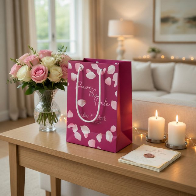 Romantic Pink Petals Save the Date Wedding  Medium Gift Bag (Creator Uploaded)