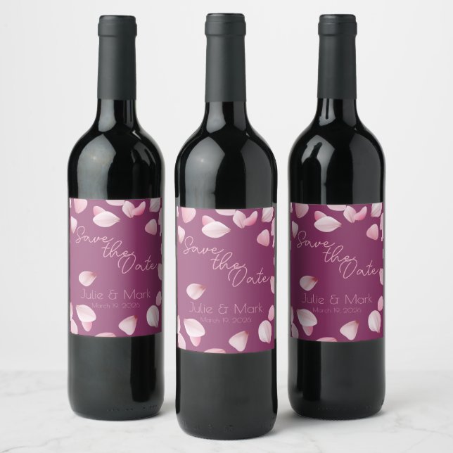 Romantic Pink Petals Save the Date Wine Label (Bottles)