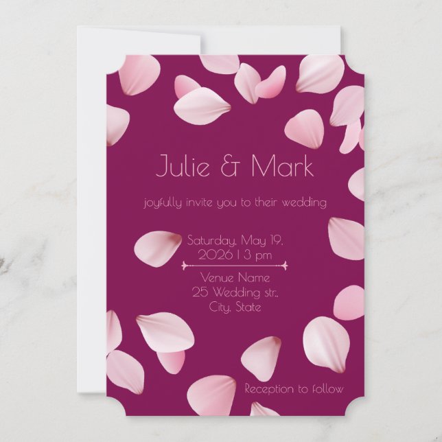 Romantic Pink Petals Wedding Invitation with Photo (Front)