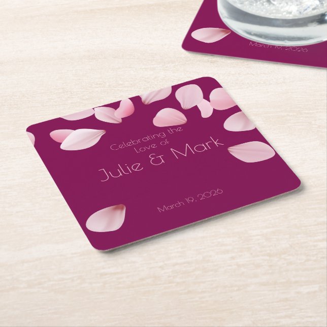 Romantic Pink Petals Wedding  Square Paper Coaster (Angled)