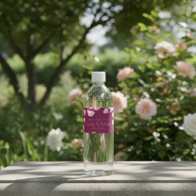 Romantic Pink Petals Wedding  Water Bottle Label (Creator Uploaded)