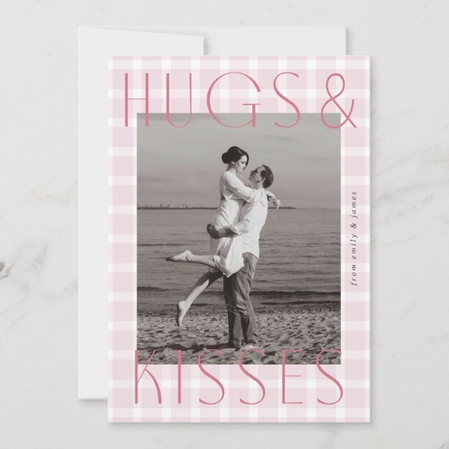 Romantic pink plaid with large hugs & kisses holiday card (Front)